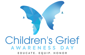 A blue butterfly soars above text that says "Children's Grief Awareness Day. Educate. Equip. Honor."